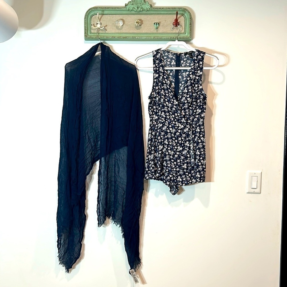 Forever 21 faux wrap floral romper and oversized shawl wrap scarf navy blue set